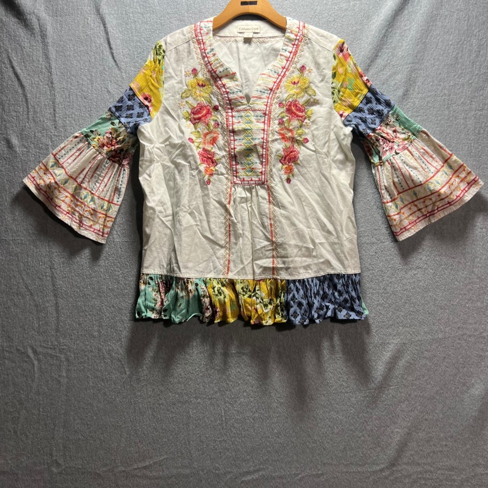 Womens Boho Floral Embroidered Patchwork Bell Sleeve Blouse M White